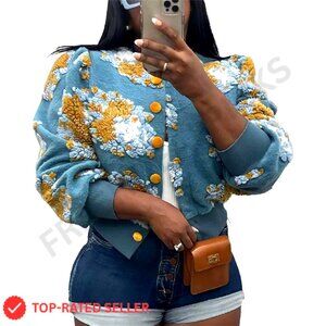 Cropped Floral Print Fleece Bomber Jacket Puff Sleeve Button Down Casual Chic